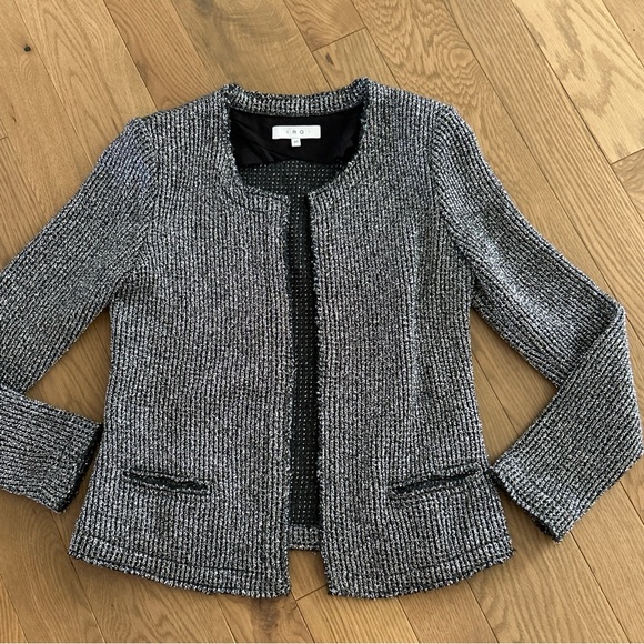 $500 IRO size 40 US size M WALLIS Gunmetal Silver  Metallic Boucle Knit Jacket - Picture 5 of 8